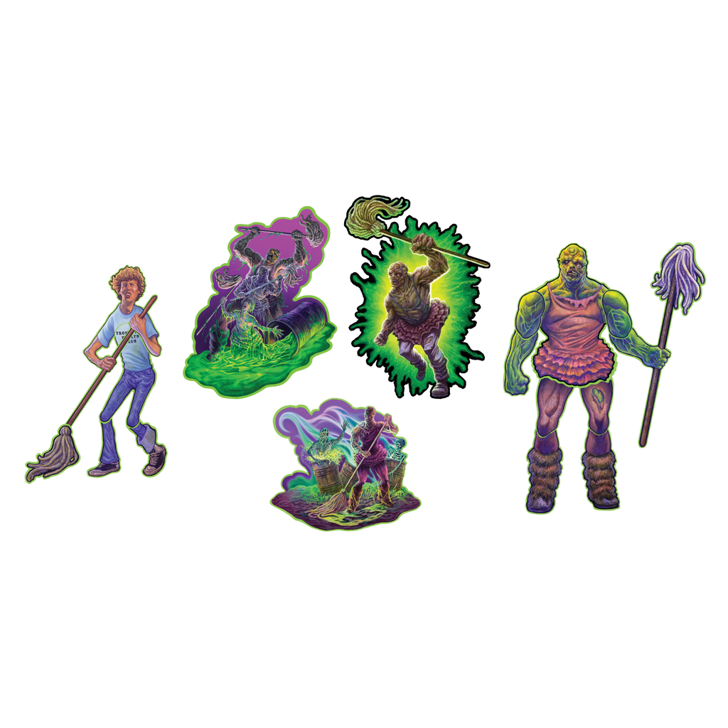 5 pieces of toxic avenger wall decor. various designs. colored pink, purple and green