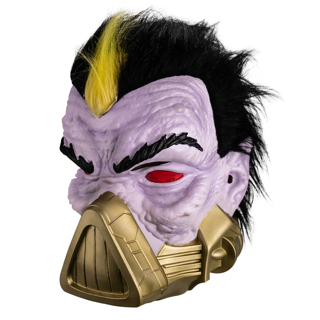 Mask, left side view. Short black hair, yellow stripe in the center front. Pale purple bumpy flesh. Black bushy eyebrows, red eyes. gold mask, triangular over nose and mouth, horizontal bands around lower jaw. Pointed ears.