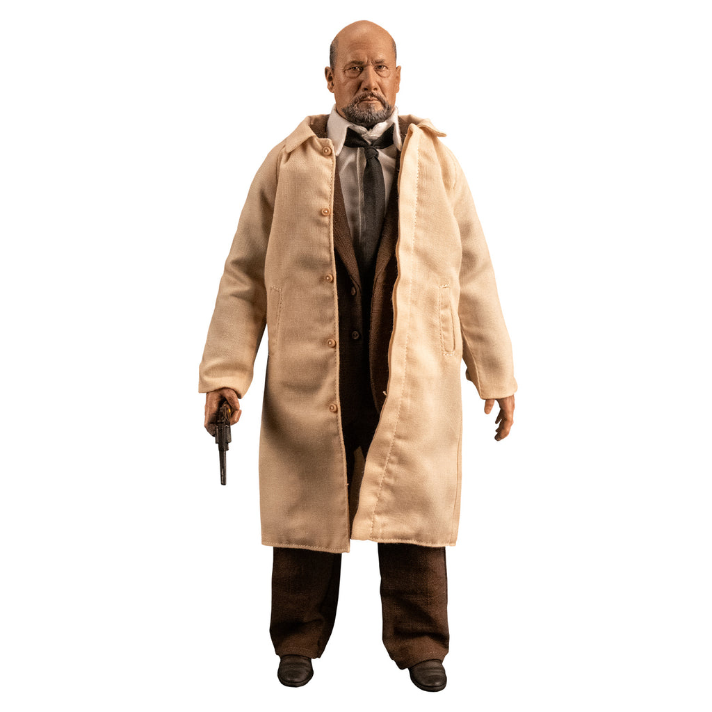 White background. Full front view of Dr. Loomis figure. Bald man with beard and mustache. white shirt, black tie, brown suit coat and pants, tan trench coat, black shoes. Holding black pistol in right hand, pointed towards the ground.
