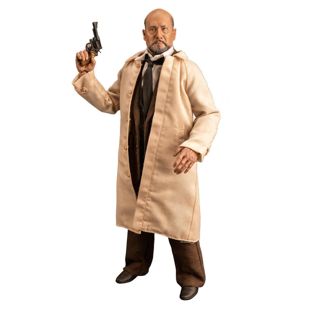 White background.  Slight left full view of Dr. Loomis figure.  Bald man with beard and mustache. white shirt, black tie, brown suit coat and pants, tan trench coat, black shoes.  Holding black pistol in right hand, pointed towards the sky.