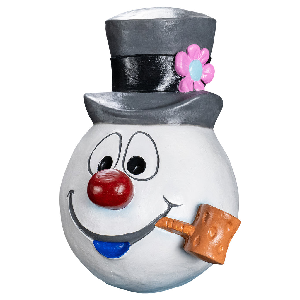 Mask, left side view. Cartoonish, white round snowman head, wearing a gray top hat with a black band and a pink flower on the left side. Face has large cartoon eyes, round red nose, gray cartoon mouth with blue bottom lip, tan pipe in the left corner of mouth.