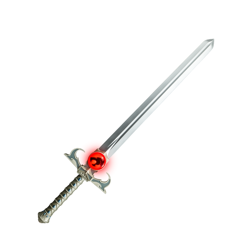 prop sword.  long silver sword with ornate hilt and handle, red and black thundercats symbol above hilt.