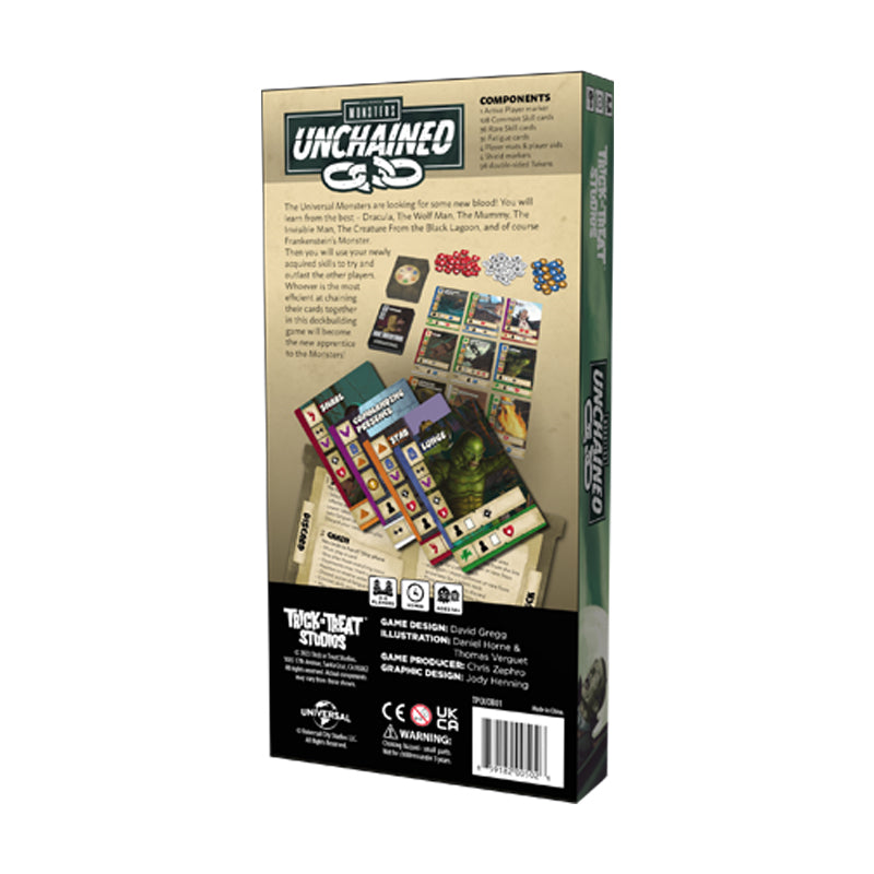 Product packaging back.  Product description and shows game play pieces, licencing and manufacturing information