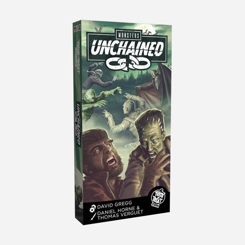 product packaging.  Box, illustrations of Dracula, invisible man, Creature, mummy, werewolf and frankenstein in background.  White text reads Universal monsters unchained, illustration of 3 link chain middle link broken. white text at bottom reads David Gregg, Daniel Horne & Thomas Verguet.  Trick or treat Studios logo bottom right corner.
