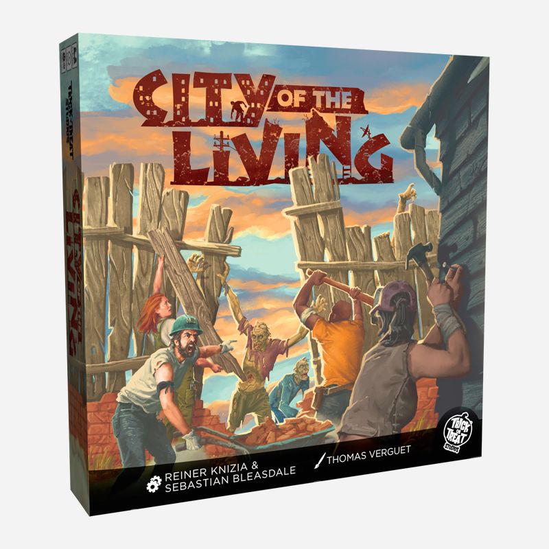 Product packaging. White background. Front view of box red-brown lettering reads City of the living over illustration of people fixing house and fence, zombies breaking through fence. Black banner at bottom of box white text reads Reiner Knizia & Sebastian Bleasdale, Thomas Verguet. white trick or treat studios logo bottom right
