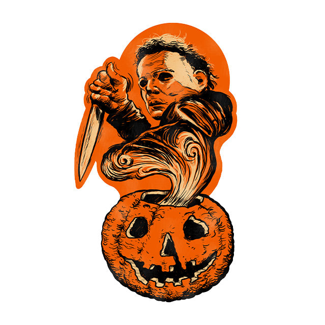 Static wall decor, Orange black and white. jack o' lantern with smoke coming out of the top, Michael Myers face and hand holding butcher knife.