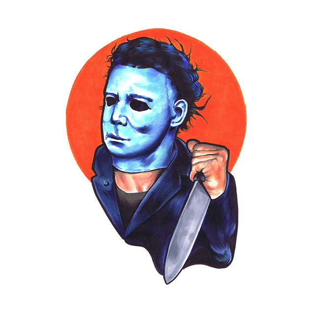 Static wall decor, orange circle background, Michael Myers face, neck and shoulder holding butcher knife.