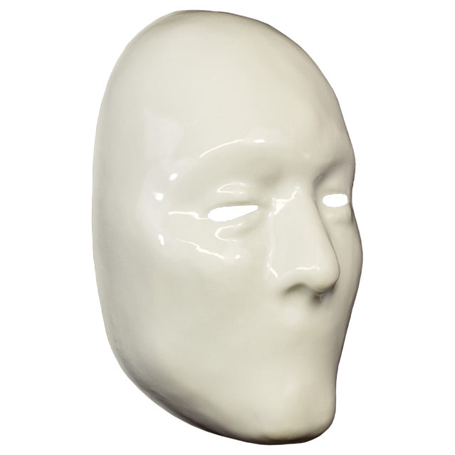 Plastic mask, right side view. Blank white mask, nose is the only feature.