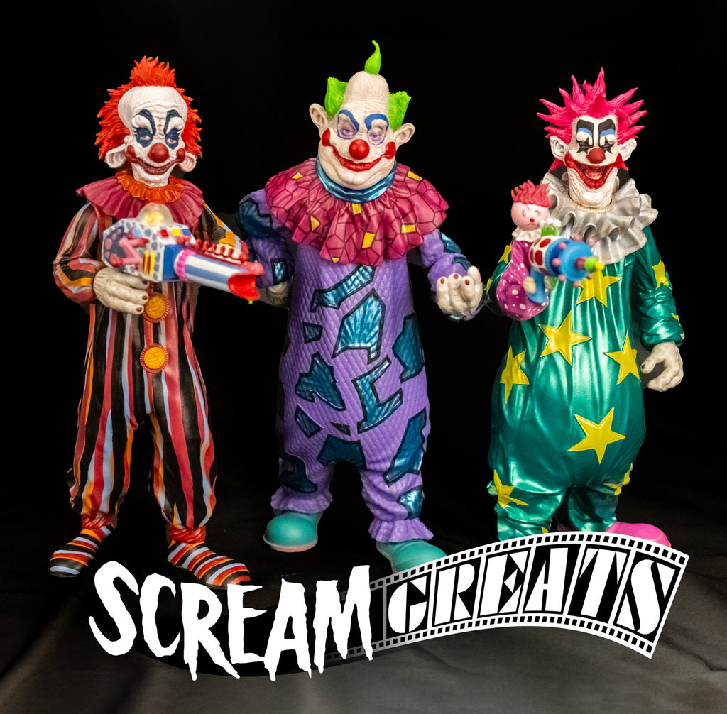 black background.  3 Killer Klowns from Outer space figures holding weapons, white stylized text at bottom reads scream greats.