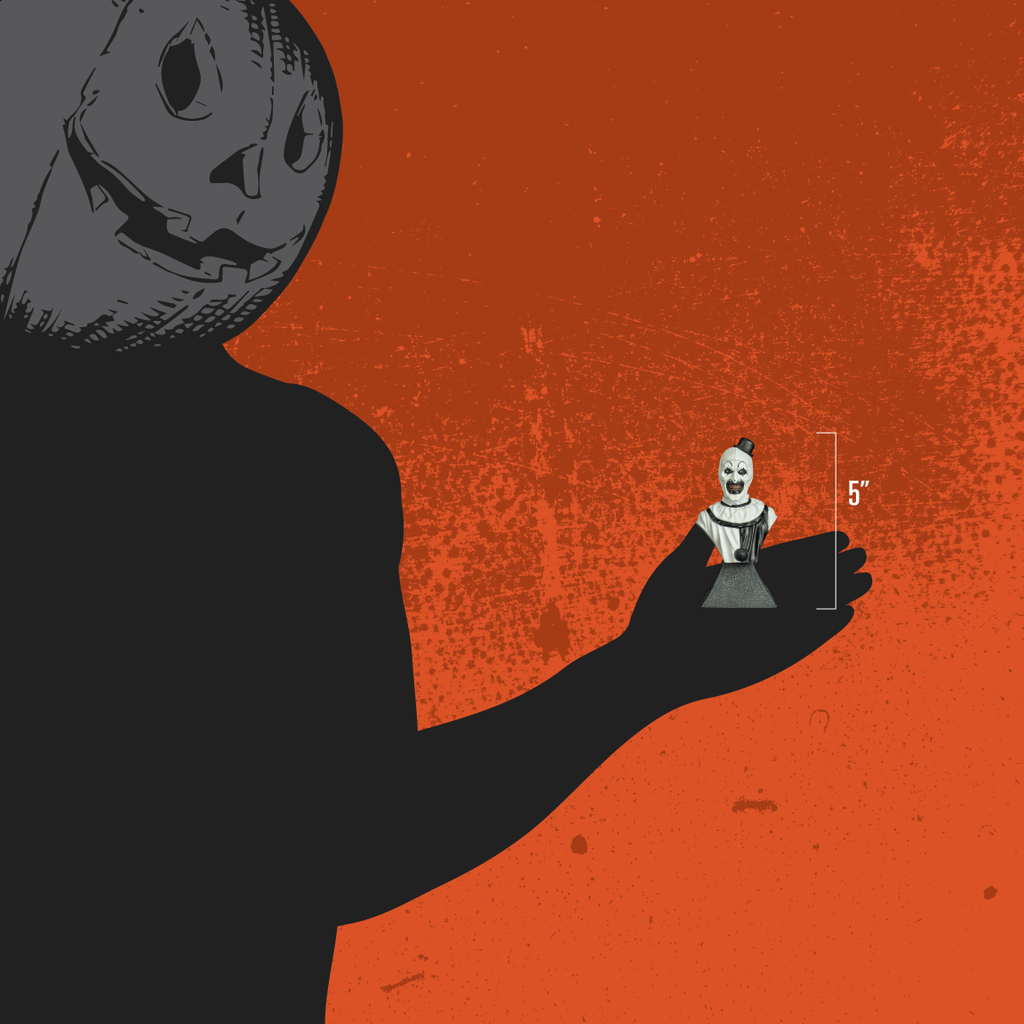 Orange background.  Person in all black with Jack o' lantern head holding mini bust to show size. 5 inches