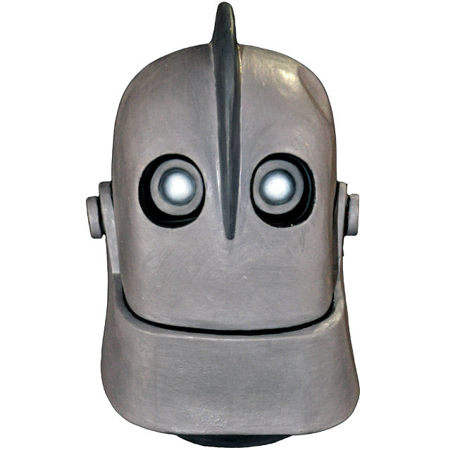 Mask, head and neck, front view. Silver robot head, fin in center of head running to middle of face, large eyes, hinged jaw, smiling mouth. Dent on left side of head.