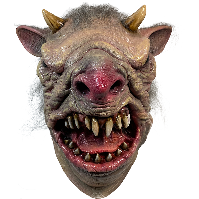 Mask, front view. Mutant rat face, wrinkled flesh, shiny black eyes, 2 small horns on head, large red nose. Wide open mouth with long, sharp gapped teeth and large tongue.