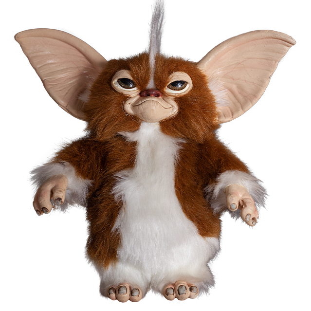 Stripe Mogwai Puppet prop.  Brown and white fur, large tan ears, brown eyes Stripe of white fur standing up on head.
