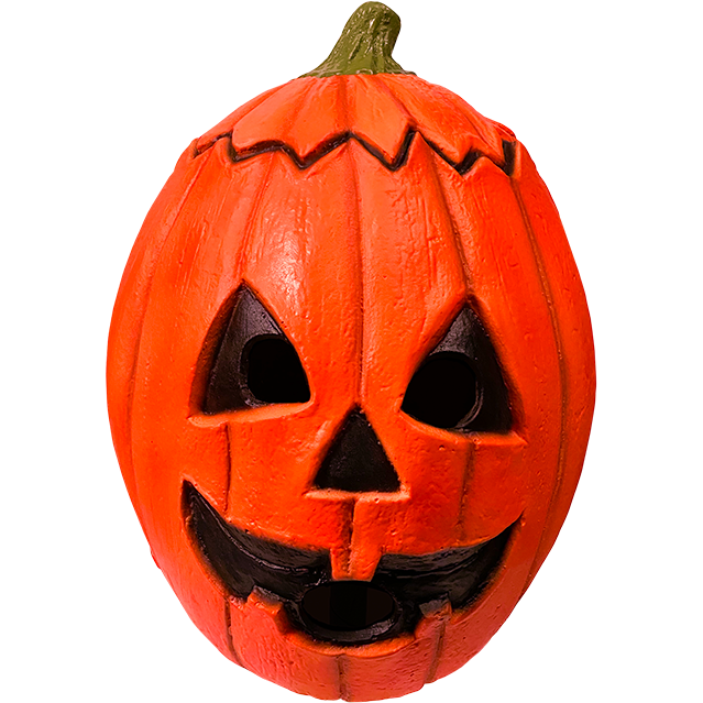 Mask, front view.  Orange jack o' lantern face, cut top with green stem, black triangle eyes and nose, black smiling mouth.