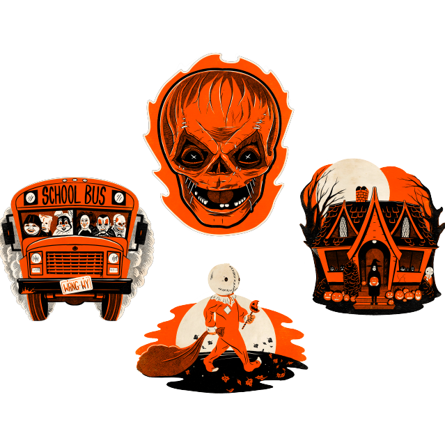 Glow in the dark Wall Decor. 4 pieces, orange, black and white.  Top center, Sam unmasked face, flaming orange jack o' lantern skull face. Left, front view of orange school bus with characters, smoke cloud in background. Right, person in witch costume holding jack 'o lantern, standing on steps of haunted house, Sam in bottom right, orange sky with white moon in background.  Bottom center, Sam, burlap mask, orange jumpsuit, bag in right hand, bitten lollipop in left hand, orange and white moon background.