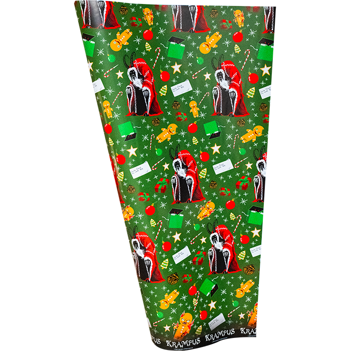 Wrapping paper with repeated pattern including Krampus, ornaments, gingerbread men, on green background.