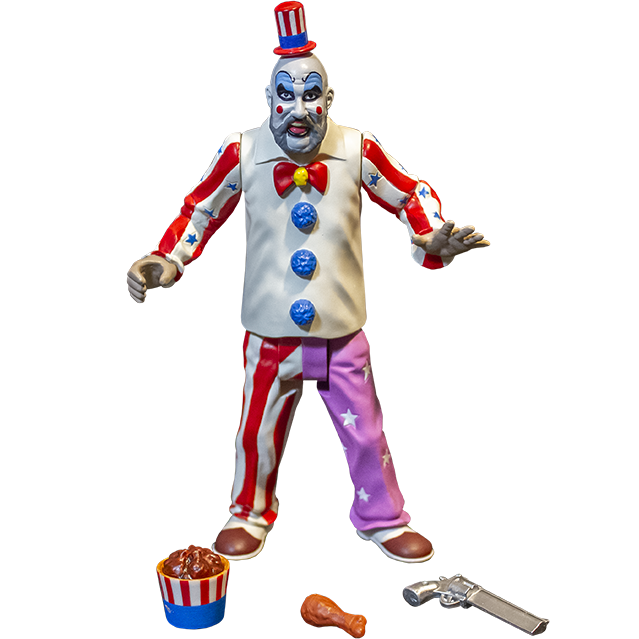 Action figure. Bald man, red and white top hat with blue band, white clown makeup, black eyebrows, blue eyeshadow, black circles around eyes, pink spots on cheeks, menacing grin, gray beard, wearing white collared shirt, red and white sleeves with blue stars, red bow at collar, skull pin, blue pompoms, pants right leg red and white striped, left leg purple with white stars, brown and white shoes. Accessories at feet, bucket of fried chicken, fried chicken drumstick, silver pistol.
