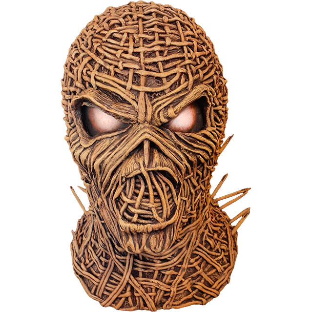 Mask, head and neck, front view.  Iron Maiden Eddie, wicker face, large white eyes. 