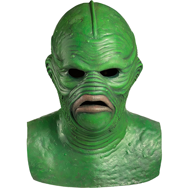 Mask, head, neck and upper chest, front view.  Green fish man face, wrinkled skin, large pink lips, no nose.