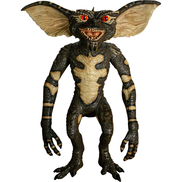 Gremlin Puppet, full view. Orange eyes, sharp teeth, black claws on hands and feet.