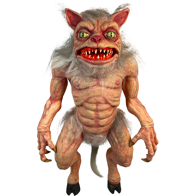 Puppet prop.  Mutant Cat, large green eyes and large red mouth with sharp teeth.   Sparse white hair on head, chin, shoulders, thighs, crotch and tail.  Body nude and muscular.  Arms have large hands with yellow claws.  Legs end with cloven pig hooves.