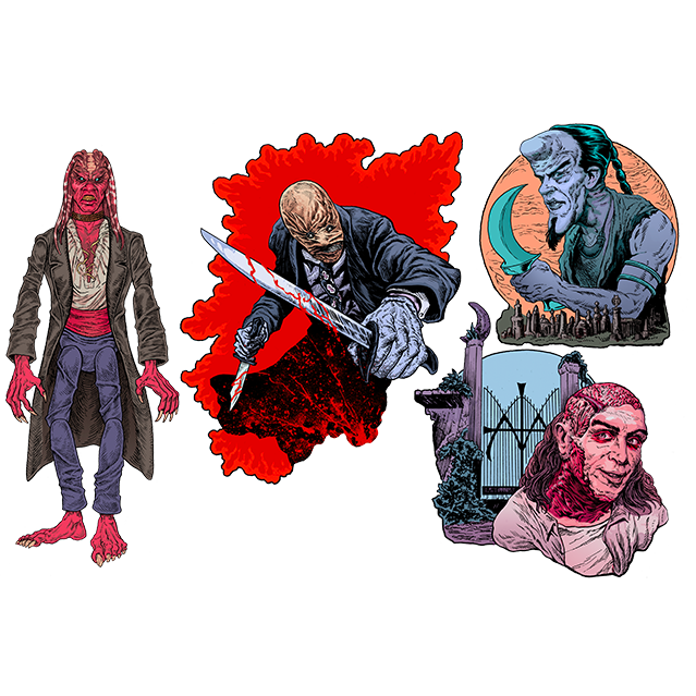 Wall decor, 4 pieces.  Left, red skinned creature with red hair, wearing brown overcoat, white shirt, blue pants, claws on fingers and toes.  Middle, Dr. Decker, red background, man with malformed face, holding a knife in each hand.  Top right Creature with large forehead, blue black hair, holding large curved knife.  Bottom right, Scalped person in front of gate.