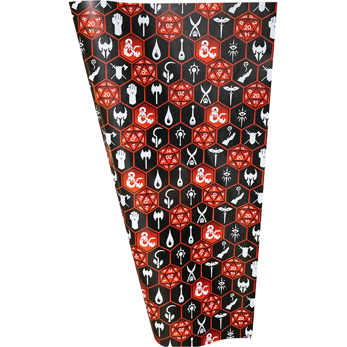 Wrapping paper, black, red and white, hexagon patterned with twenty-sided dice and D and D symbols. 