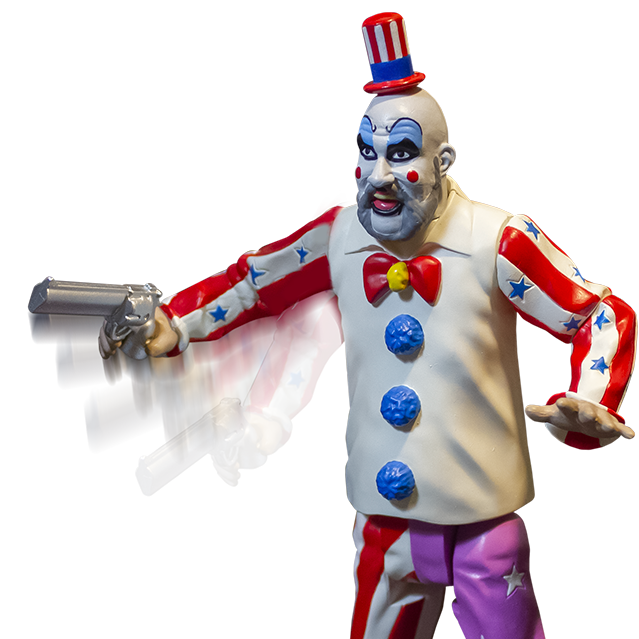 Captain Spaulding action figure, Close up view. Bald man, red and white striped small top hat with blue band, white clown makeup, high black eyebrows, blue eyeshadow, black circles around eyes, pink spots on cheeks, large menacing grin, full gray beard, wearing white collared shirt, red and white striped sleeves with blue stars, red bow at collar, skull pin, blue pompoms, pants right leg red and white striped, left leg purple with white stars. Holding pistol, showing arm movement