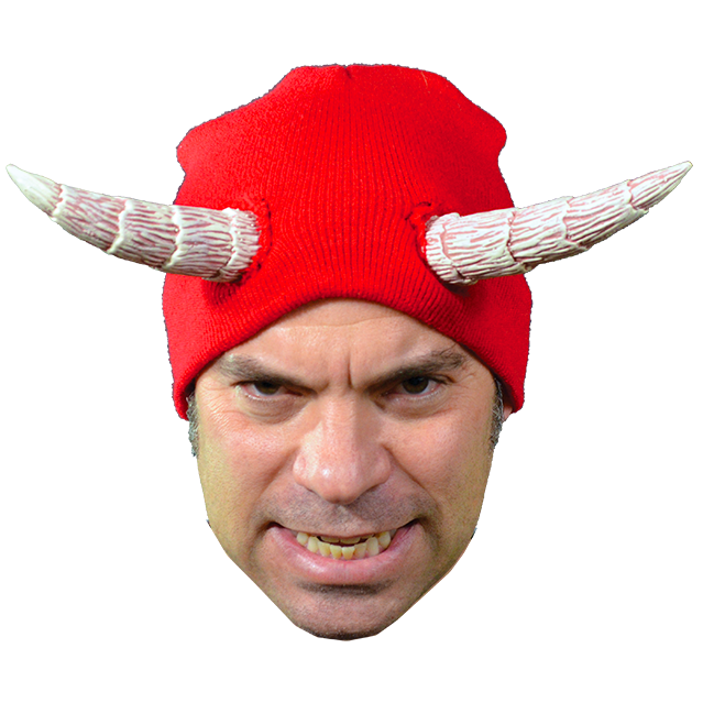 Man wearing red knit cap with sewn on white horns.