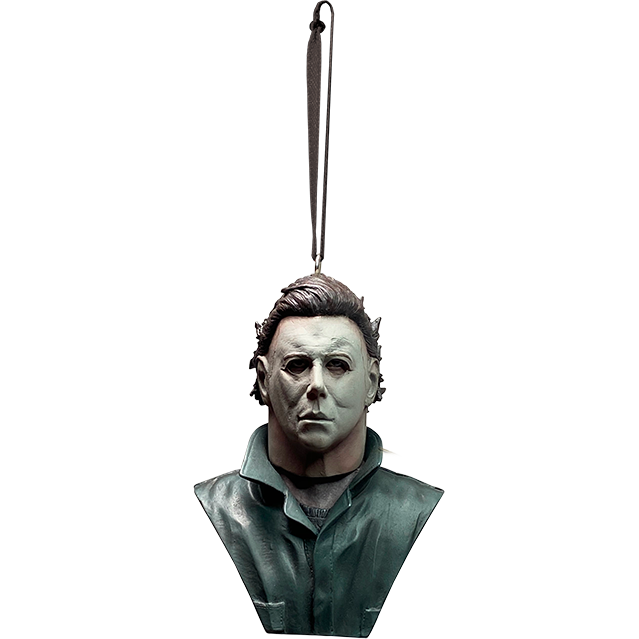 Ornament. Michael Myers bust. Head neck and chest, white mask, brown hair, black shirt under green coveralls