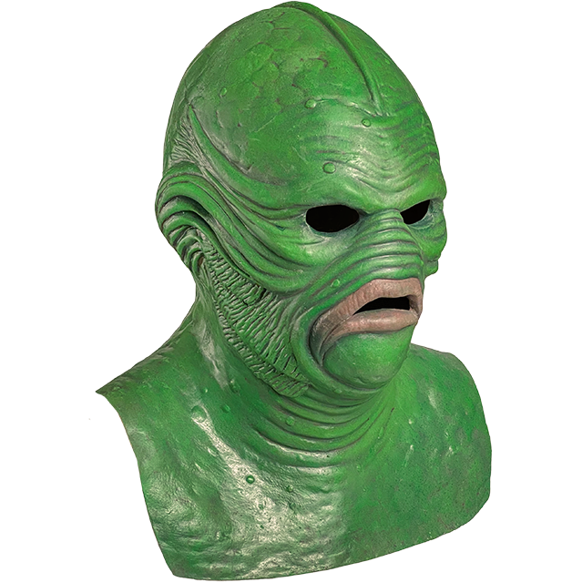 Mask, head, neck and upper chest, right view. Green fish man face, wrinkled skin, large pink lips, no nose.