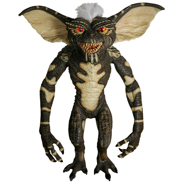 Gremlin Puppet, full view. White stripe of fur on head, sharp teeth, black claws on hands and feet.