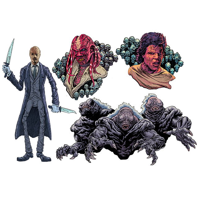 Wall decor, 4 pieces.  Left, bald man in blue suit and overcoat, holding a large knife in each hand.  Top, middle, creature with red flesh and hair, blue-gray skulls in background.  Top right, man with dark hair, orange flesh, blue skulls in background.  Bottom 3  black bezerkers. 