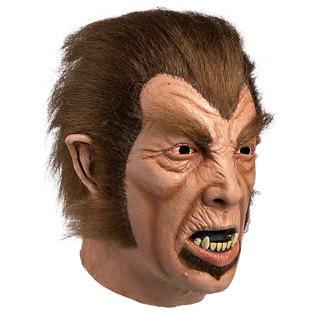 Mask, head and neck, right view. Wrinkled skin around forehead, eyes and lips. Red brown fur on head, sides of face and under bottom lip, Bushy brown eyebrows. Pointed ears. Mouth open showing lower teeth and fangs.
