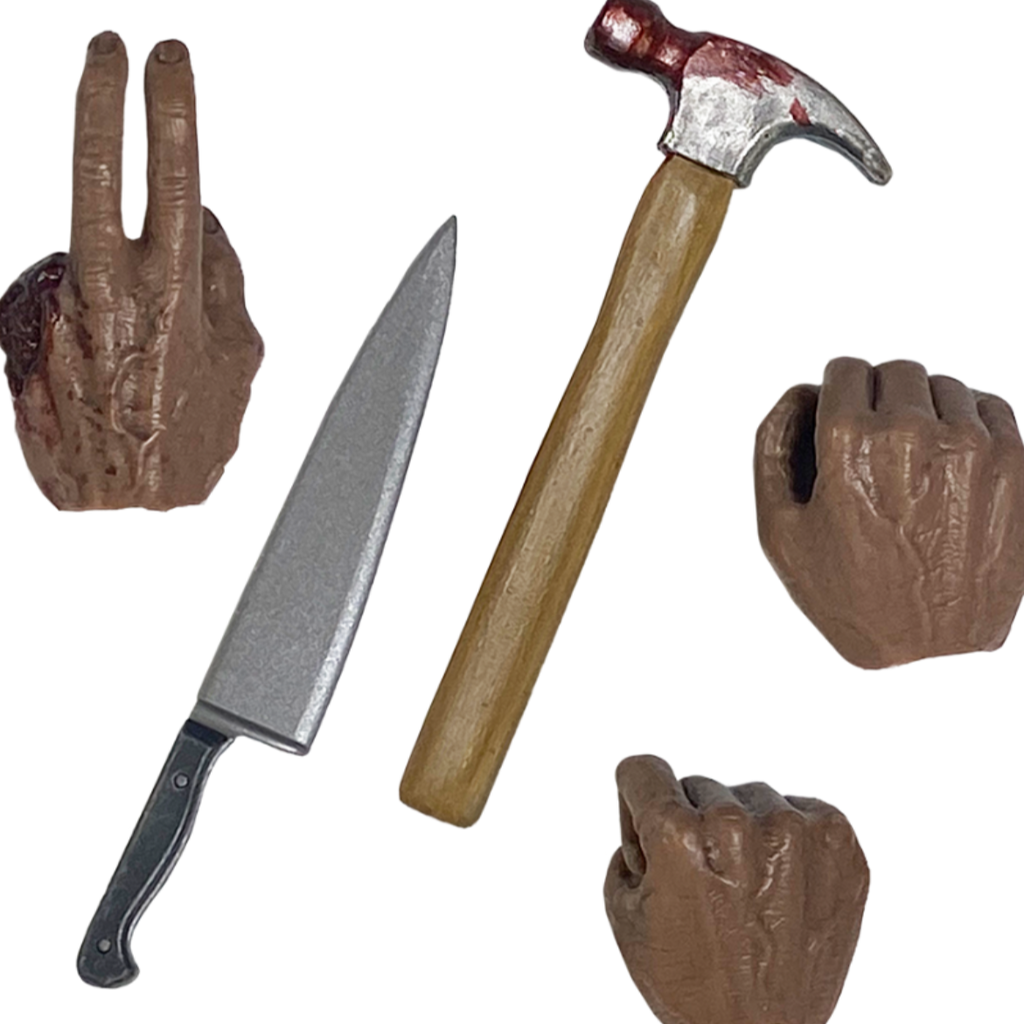 Halloween 2018 Michael Myers 12" figure additional accessories.  left hand missing ring finger and pinky, bloody.  Butcher knife with black handle.  Hammer, woodgrain handle, silver head with blood on it.  two right hands closed to hold weapons.