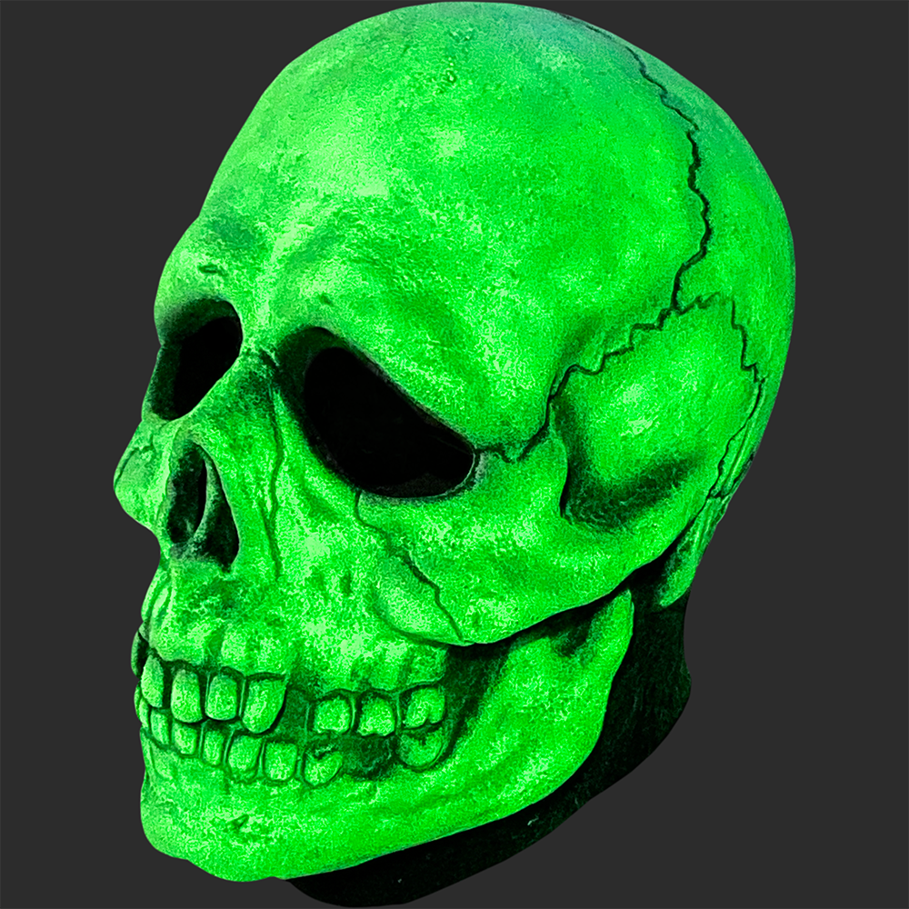 Mask, left side view. Glow in the dark feature, bright green skull face. black neck.
