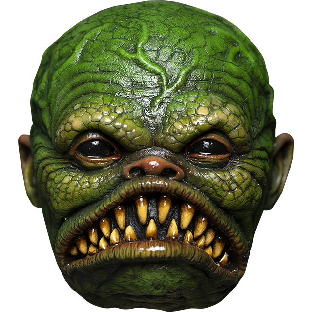 Mask, front view.  Green scaly face, bulging veins, black shiny eyes, small snub nose.  Large frowning fish mouth with large sharp yellowed teeth.