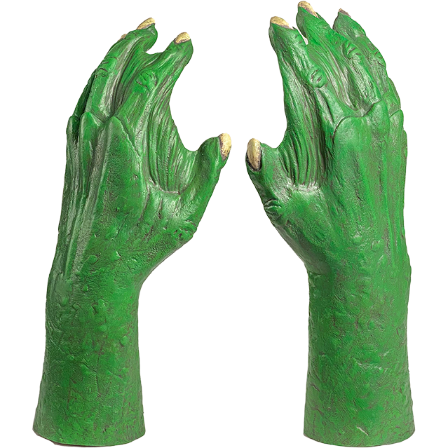 Gill Man hands costume accessory. Back of hands, Green with webbed fingers yellow nails.
