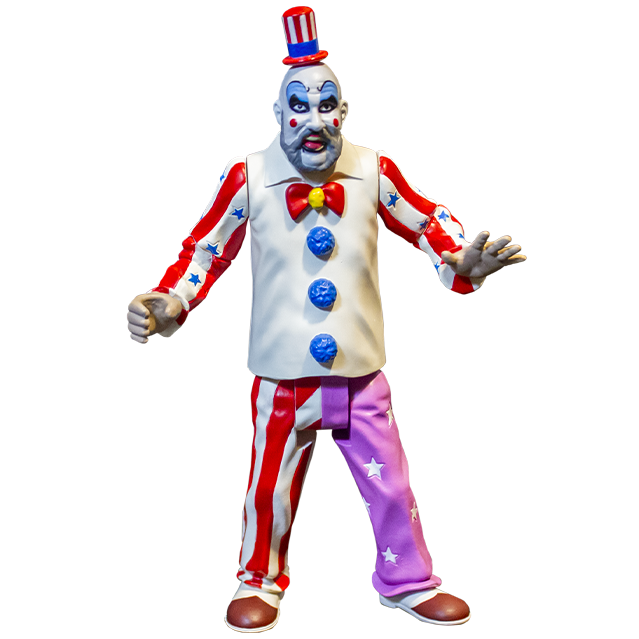 Captain Spaulding action figure. Bald man, red and white striped small top hat with blue band, white clown makeup, high black eyebrows, blue eyeshadow, black circles around eyes, pink spots on cheeks, large menacing grin, full gray beard, wearing white collared shirt, red and white striped sleeves with blue stars, red bow at collar, skull pin, blue pompoms, pants right leg red and white striped, left leg purple with white stars, brown and white shoes. 
