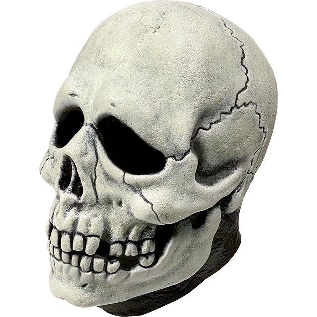 Mask, left side view. White skull face. black neck.