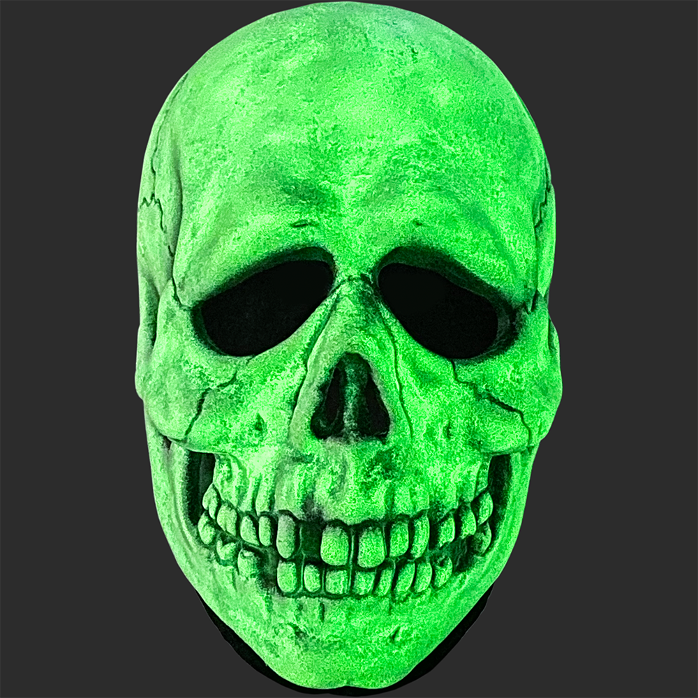 Mask, front view.  Glow in the dark feature, bright green skull face. black neck.