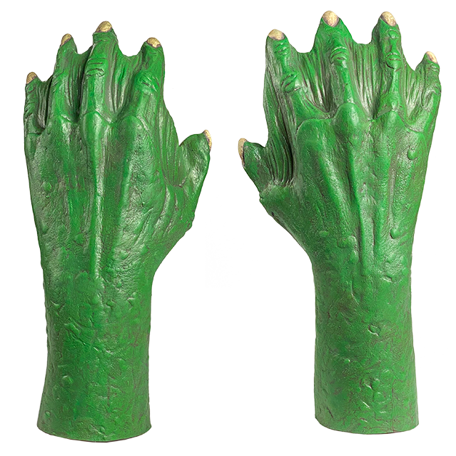 Gill Man hands costume accessory.  Back of hands, Green with webbed fingers yellow nails.