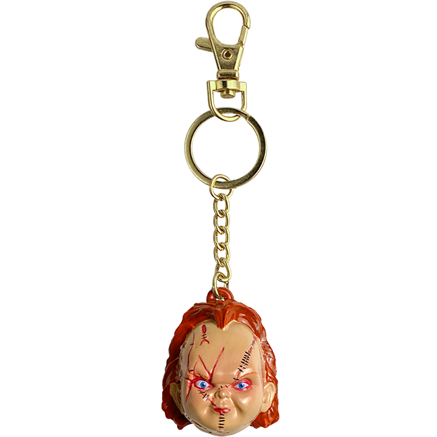 Keychain. Front view. Scarred Chucky head, red hair, blue eyes, scarred and stitched face.