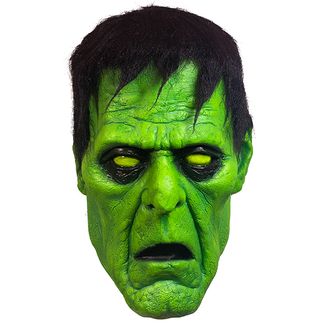 Mask, front view.  Green Frankenstein face, black-rimmed yellow eyes, black hair. mouth open.