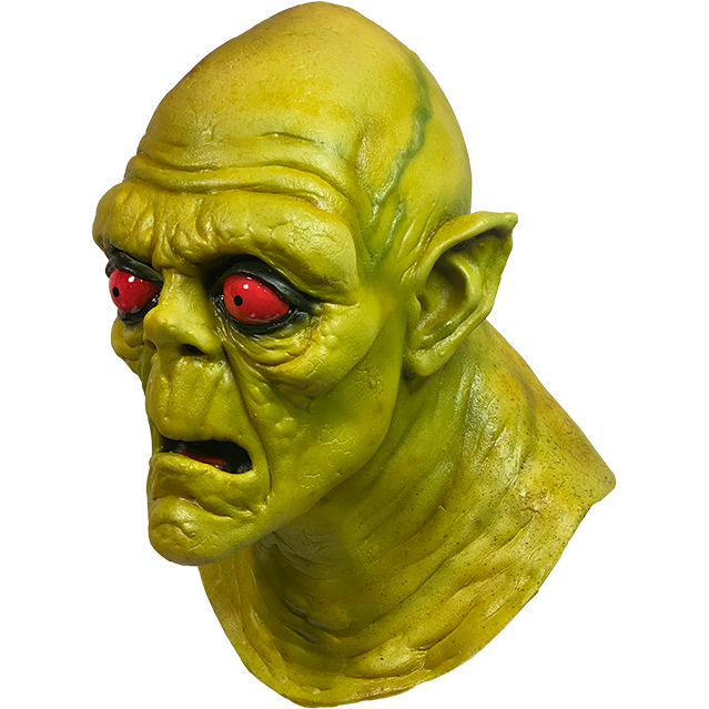 Mask, head and neck, left side view. Bald, green cartoon zombie face, black-rimmed, bulging, red eyes. Mouth slightly open.