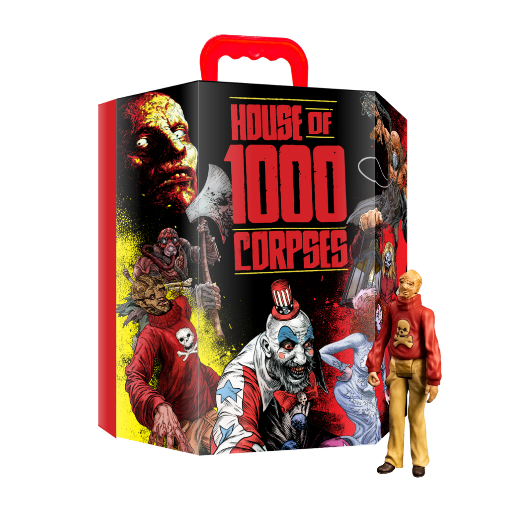 Collector's case.  Red and yellow with illustrations of House of 1000 Corpses characters, red text reads House of 1000 Corpses.  Tiny Firefly action figure standing in front.