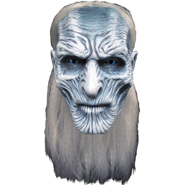 Front view. White Walker Mask. Long white hair, half pulled back, extremely wrinkled light gray skin. Deep set bright blue  eyes.