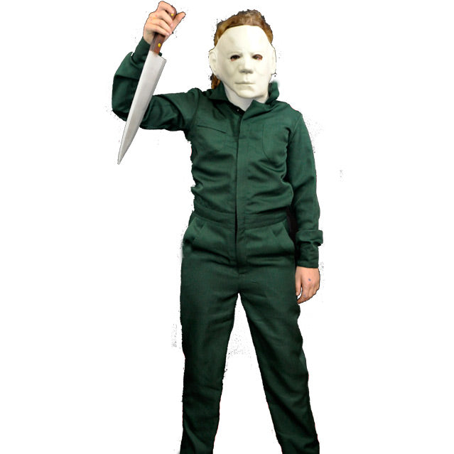 Halloween II - Deluxe Coveralls, children / small. Person in Michael Myers mask, dark green coveralls, holding knife in right hand.