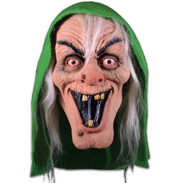 Mask front view.  Wearing green hood, long gray hair, old wrinkled skin, black raised eyebrows, deep-set red-rimmed bloodshot brown eyes, bulbous red nose with wart, large open mouth with 4 yellow teeth and cobwebs, mole on chin.
