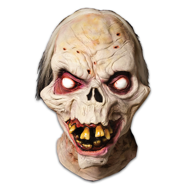 Mask, head and neck.  Bony face, white and gray sparse hair.  Wrinkled skin with sores, red-rimmed sunken white bloodshot eyes, skeletal nose.  Distorted mouth with large yellowed crooked teeth.